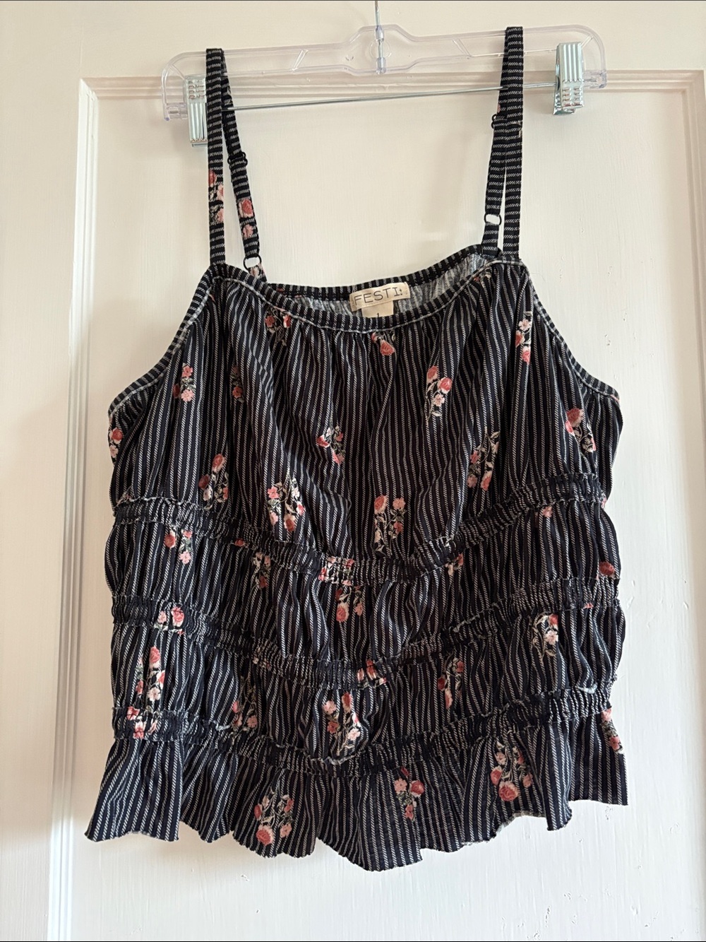 torrid Festi Black Pinstripe Floral Smocked Cami with Pink Accents